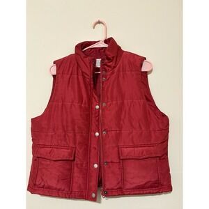 Calvin Klein Womens Red Quilted Puffer Vest Mock Neck Snap Zip Front Large